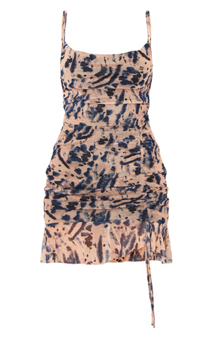 Nude Mesh Tie Dye Print Ruched Bodycon Dress