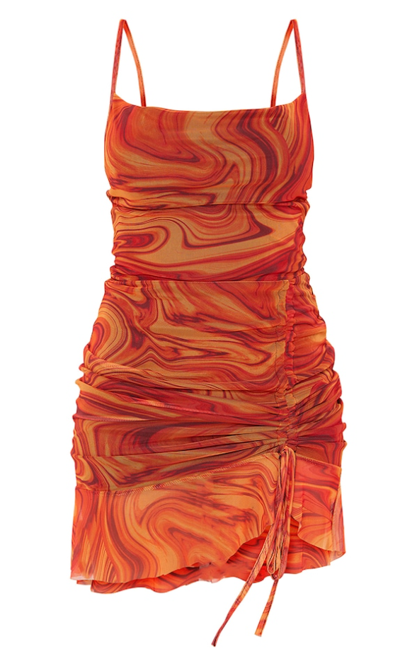 orange mesh marble print ruched bodycon dress marble print ruched mesh sleeveless dress Brown/Pink / MEDIUM