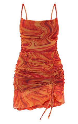 Orange Mesh Marble Print Ruched Bodycon Dress