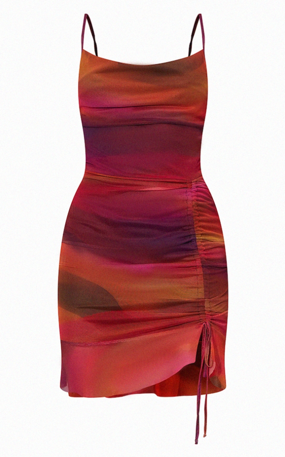 Orange Abstract Print Mesh Ruched Bodycon Dress