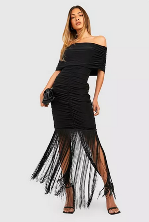 Double Slinky Rouched Tassel Bardot Mini Dress