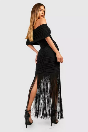 Double Slinky Rouched Tassel Bardot Mini Dress