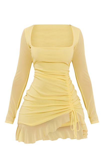 Shape Yellow Mesh Long Sleeve Ruched Side Frill Hem Bodycon Dress