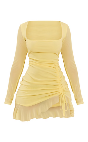 Shape Yellow Mesh Long Sleeve Ruched Side Frill Hem Bodycon Dress