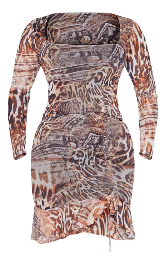 snake print long sleeve bodycon dress Shape Brown Leopard Denim Print Mesh Long Sleeve Frill Hem Bodycon Dre –  Missagi