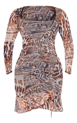 Shape Brown Leopard Denim Print Mesh Long Sleeve Frill Hem Bodycon Dress