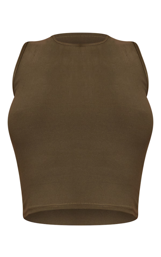 Khaki Soft Touch Jersey High Neck Sleeveless Crop Top