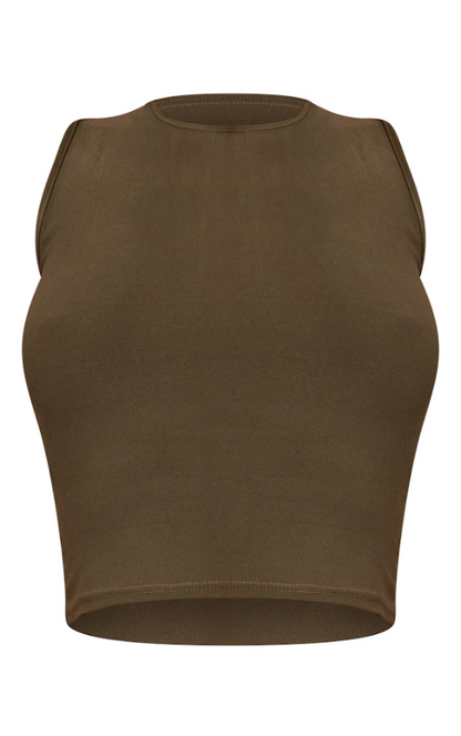 Khaki Soft Touch Jersey High Neck Sleeveless Crop Top