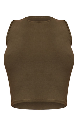 Khaki Soft Touch Jersey High Neck Sleeveless Crop Top