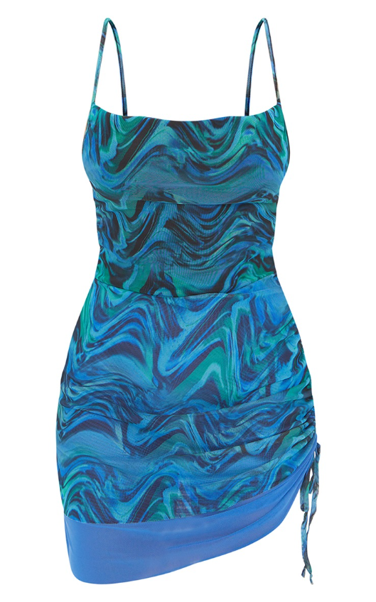 Blue Abstract Mesh Strappy Ruched Layered Skirt Bodycon Dress