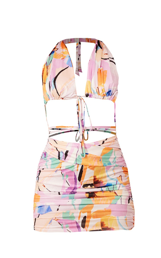 Multi Abstract Print Slinky Cut Out Halterneck Ruched Bodycon Dress