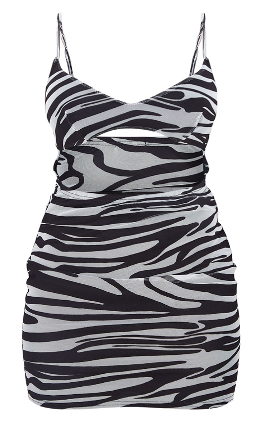 Black Zebra Print Mesh Strappy Detail Cut Out Bodycon Dress