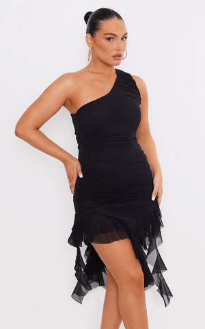 Black Mesh One Shoulder Draped Frill Detail Bodycon Dress