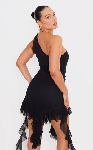 Black Mesh One Shoulder Draped Frill Detail Bodycon Dress