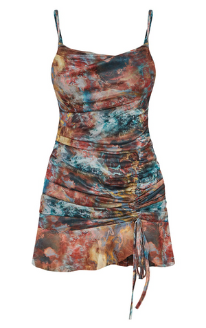 Multi Tie Dye Print Mesh Ruched Bodycon Dress