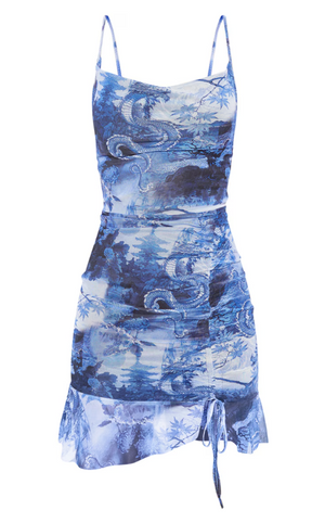 Blue Mesh Dragon Print Ruched Bodycon Dress