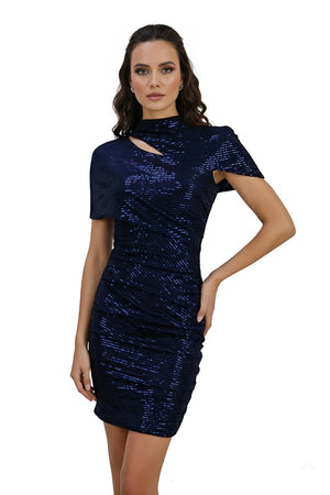 Navy Sequin Bodycon Asymmetric Sleeve Mini Dress