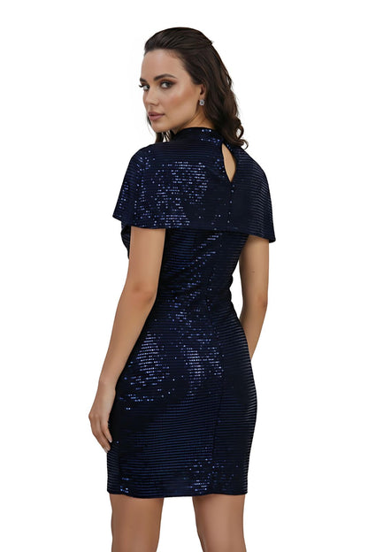 Navy Sequin Bodycon Asymmetric Sleeve Mini Dress