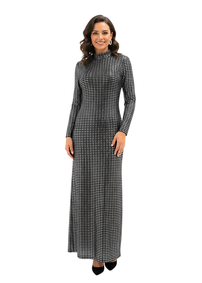 Silver Stripped Nylon Metallic Sequin Long Sleeve Bodycon Maxi Dress
