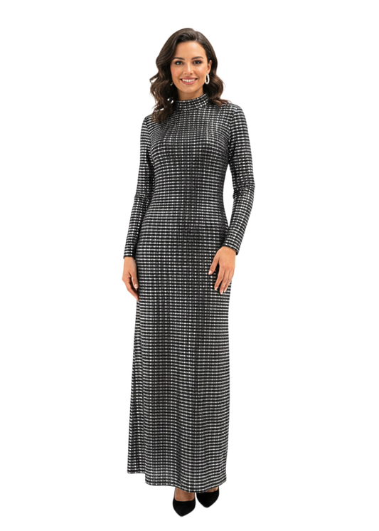 Silver Stripped Nylon Metallic Sequin Long Sleeve Bodycon Maxi Dress