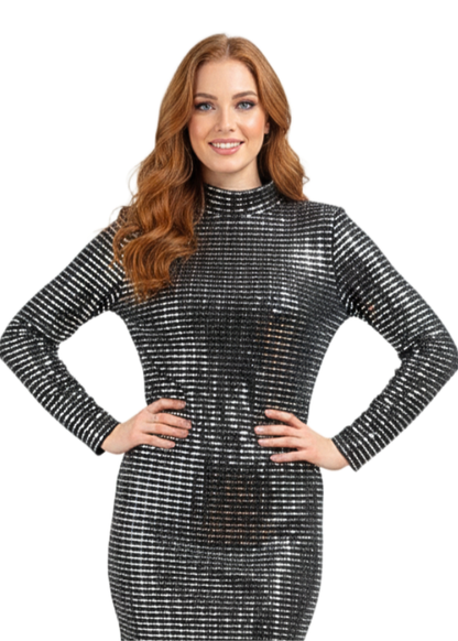 Silver Stripped Nylon Metallic Sequin Long Sleeve Bodycon Mini Dress