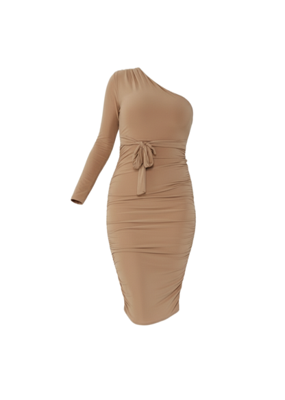 Stone Ruched Detailing One Shoulder Bodycon Midi Dress