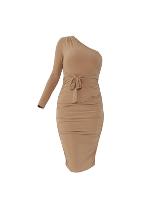 Stone Ruched Detailing One Shoulder Bodycon Midi Dress