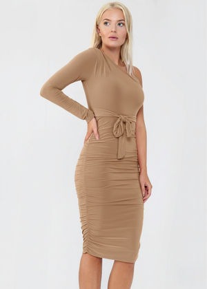 Stone Ruched Detailing One Shoulder Bodycon Midi Dress