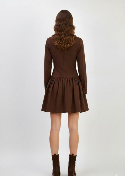 Brown Tailored Long Sleeve V-Neck Blazer Dress