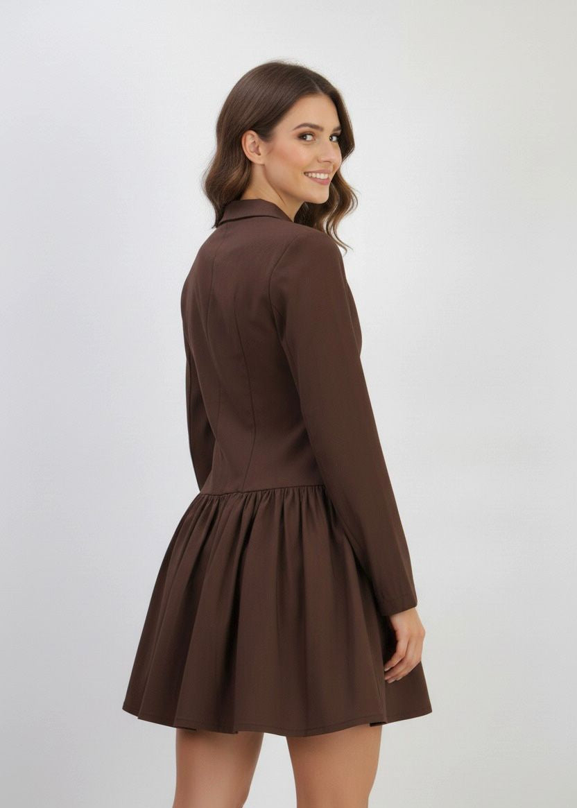 Brown Tailored Long Sleeve V-Neck Blazer Dress