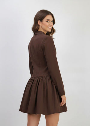 Brown Tailored Long Sleeve V-Neck Blazer Dress