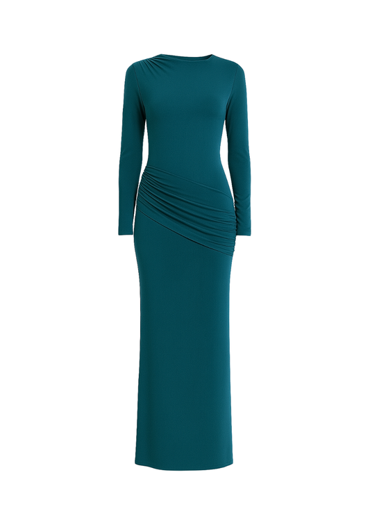 Teal Side Ruching Bodycon Full-Sleeve Jersey Evening Gown