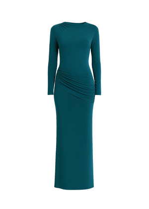 Teal Side Ruching Bodycon Full-Sleeve Jersey Evening Gown