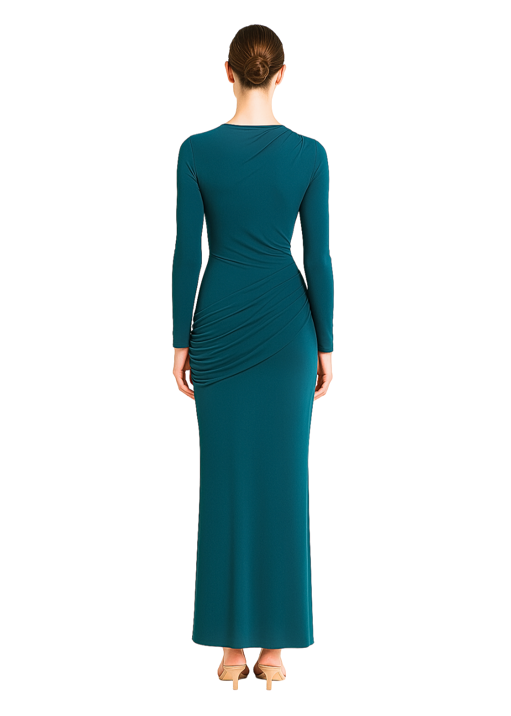 Teal Side Ruching Bodycon Full-Sleeve Jersey Evening Gown