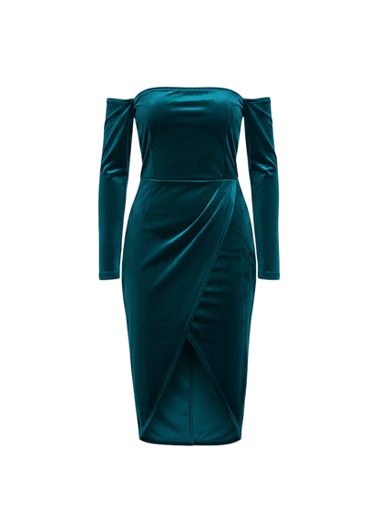 Teal Velvet Off Shoulder Velvet Bodycon Midi Dress