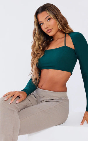 Dark Green Soft Touch Halter Tie Crop Top