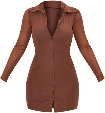 Women's Ladies Chocolate Mesh Button Down Shirt Dress / Top