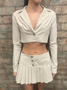 White and Cream Stretch Woven Tailored Asymmetric Hem Cropped Blazer + Skirt