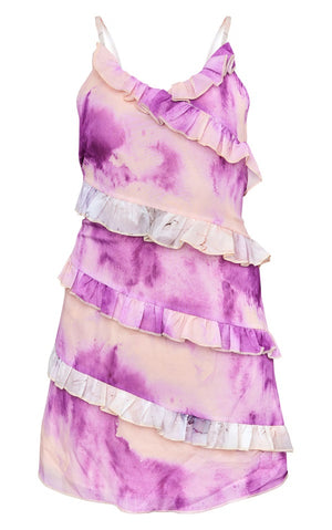 Purple Watercolour Print Asymmetric Frill Strappy Shift Dress