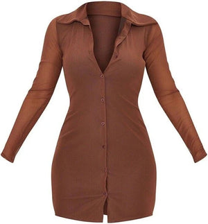 Women's Ladies Chocolate Mesh Button Down Shirt Dress / Top