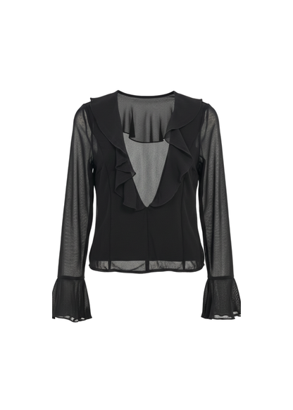 Black Ruffle Deep V Long Sleeve Chiffon Blouse