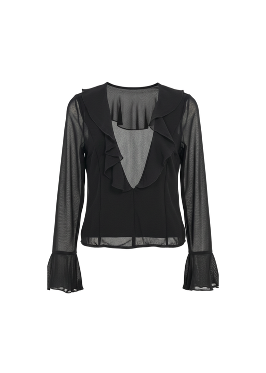 Black Ruffle Deep V Long Sleeve Chiffon Blouse
