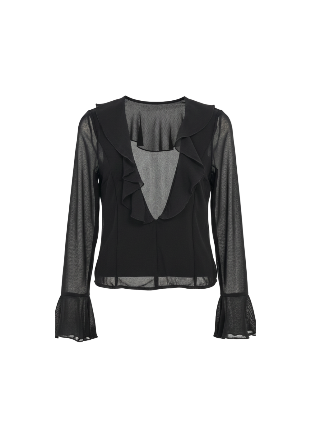 Black Ruffle Deep V Long Sleeve Chiffon Blouse