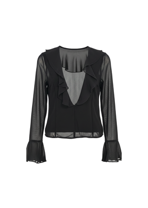Black Ruffle Deep V Long Sleeve Chiffon Blouse