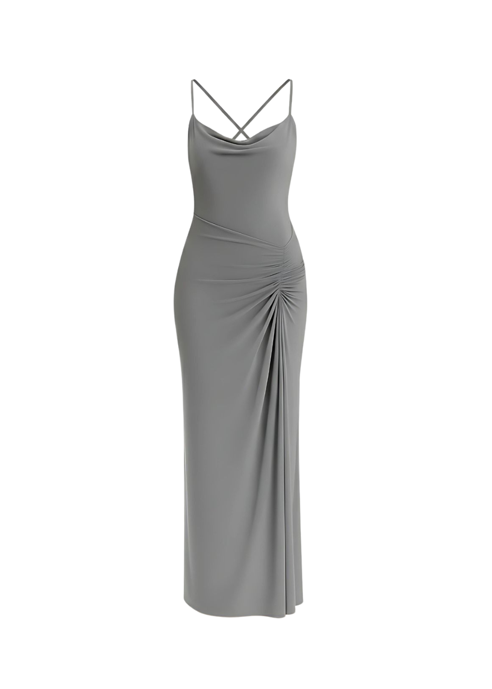 Grey Cowl Neckline Figure-Flattering Spaghetti Strap Dress