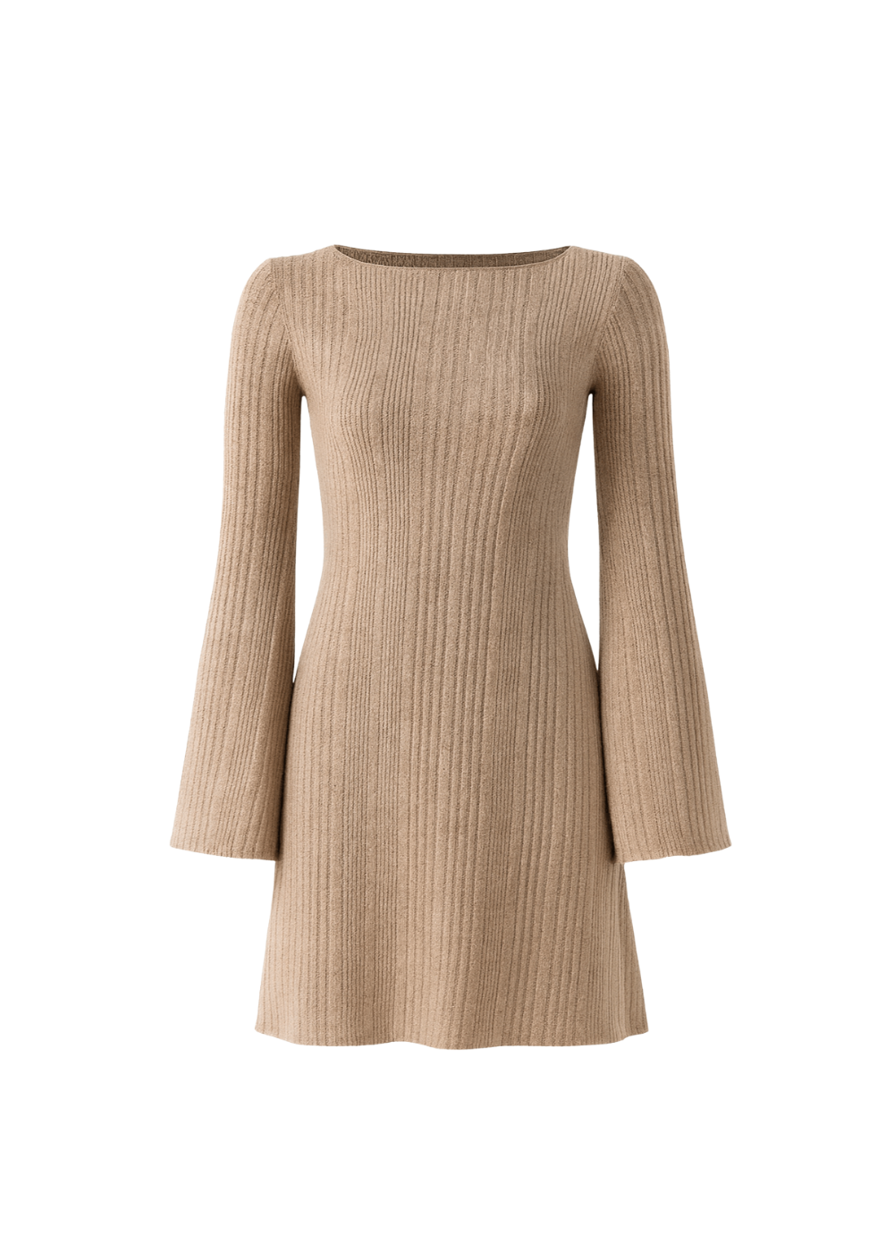 Beige Boat Neck Casual Ribbed Knit Bodycon Mini Dress
