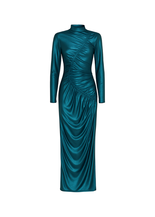 Black Petrol Venechia Foil Deep Tail Gathered Maxi Dress