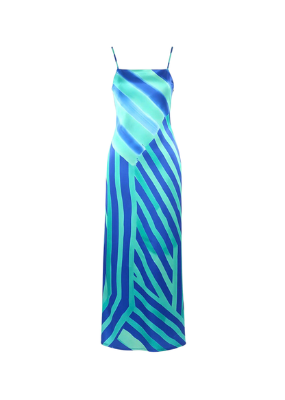 Aqua Blue Square Neck Satin Striped Bodycon Maxi Dress