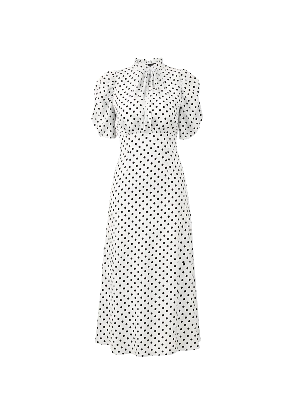 White Vintage-Inspired Puff Sleeves Polka Dot Midi Dress