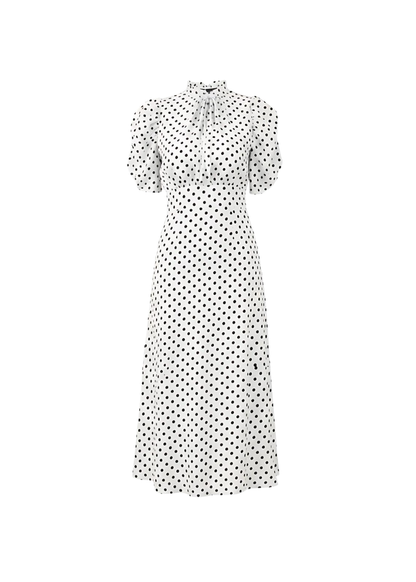 White Vintage-Inspired Puff Sleeves Polka Dot Midi Dress